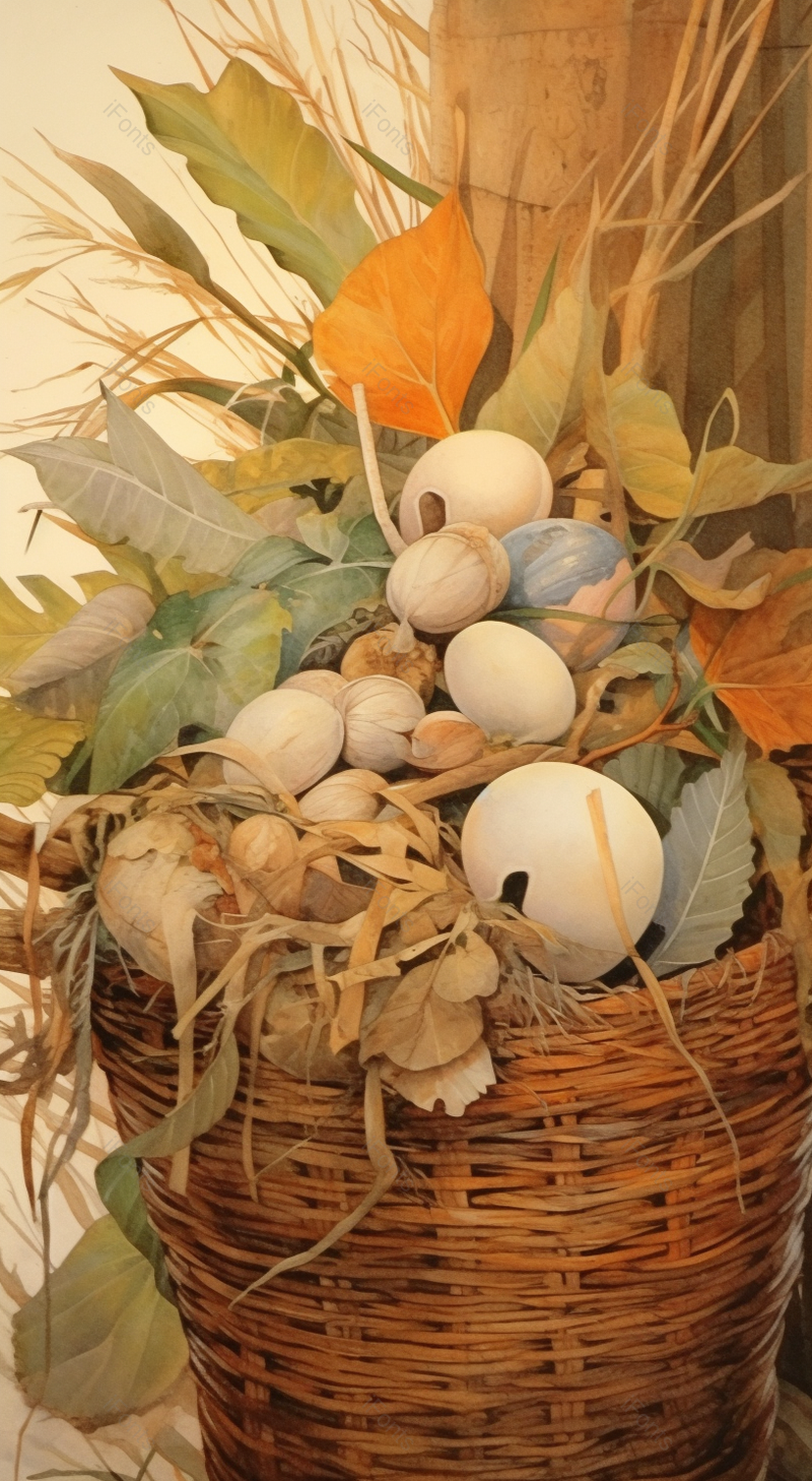秋季丰收收货季节竹篓竹筐里堆满树叶杂草和鸟蛋手绘插画,插画/手绘图,插画/手绘图库,插画/手绘图下载,插画/手绘